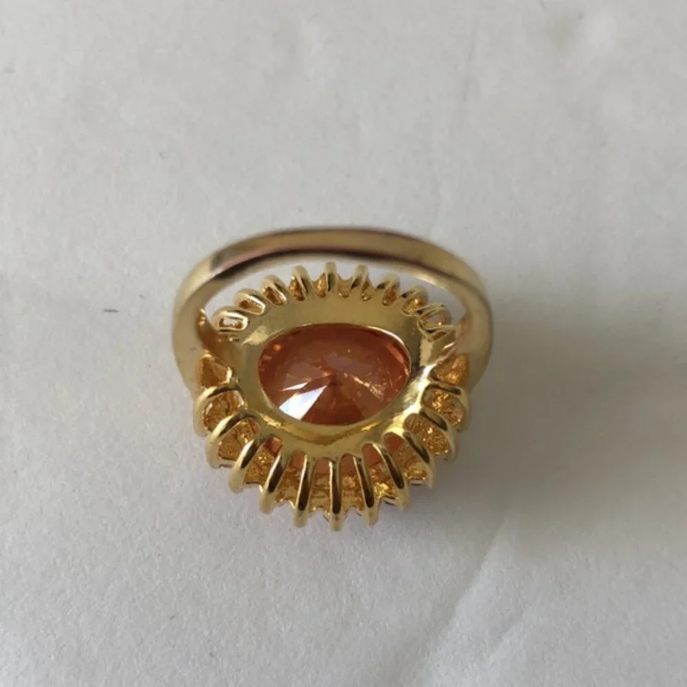 Cocktail Ring Gold Plated w Round Champagne Stone & Surround CZ Stones Sz.7.25